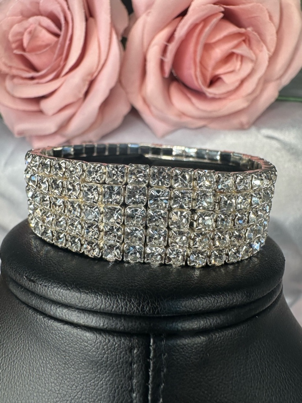 Crystal Rhinestone 5 Row Stretch Bracelet Silver Tone Sparkly Statement
